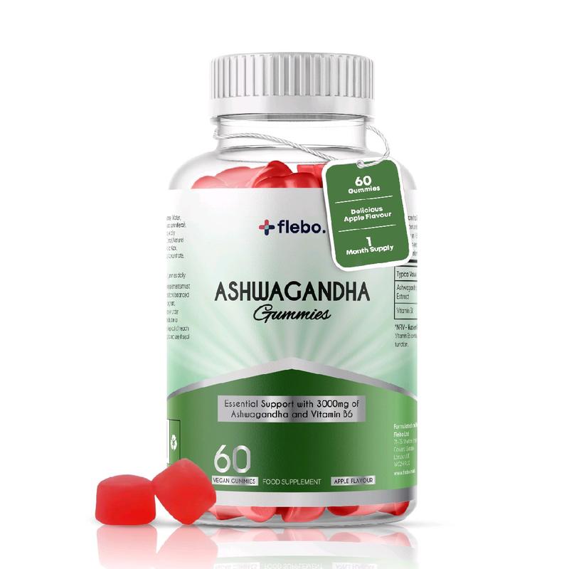 Flebo Vegan Ashwagandha Gummies | 60 Two-a-Day Gummies | Natural Stress and Anxiety Relief | High Strength Ashwagandha with Vitamin B6 | Apple Flavour Healthcare Fitness Dietary 1