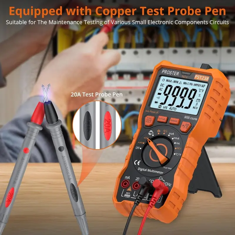 Multimeter TRMS 6000 Counts Auto Manual Range Multimeter Tester with DC/AC Voltage DC/AC Current NCV Detector Temperature Capacitance Resistance Diode Continuity Tester with Cloth Bag 4
