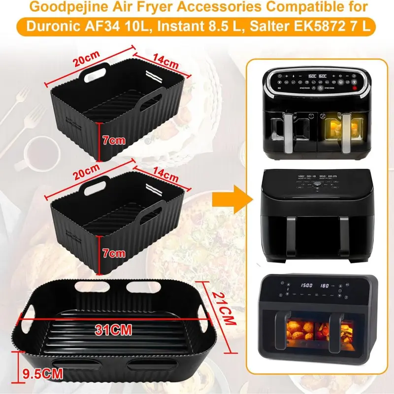 3PCS Air Fryer Accessories Set, Silicone Air Fryer Liner Compatible for Duronic AF34 10L, Instant 8.5L, Reusable Airfryer Accessories Compatible for Duronic Dual Air Fryer(1*10 l+2*5 l) 1