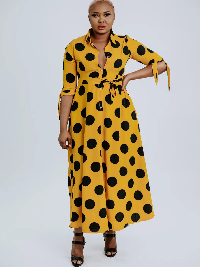 Polka Dot Print Belted Button  Front Shirt Dress, Elegant 3/4 Sleeve Tie Front High Waist Long Dress for Vacation Holiday Party, Women's Clothing,  Women's Clothes for All Seasons, Dresses for Women, New Year Dress - Yellow, Orange, Black and Navy Blue