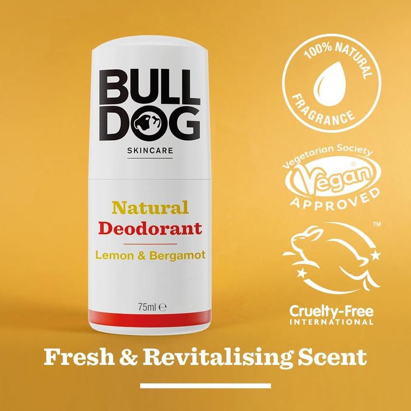 BULLDOG SKINCARE - Lemon and Bergamot Roll On Natural Deodorant For Men 75 ml Body Care Blend Gentle Pack Scented Aroma Cosmetic Cleanser 1