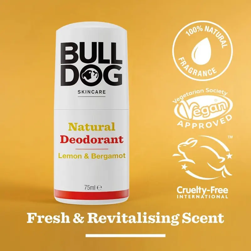 BULLDOG SKINCARE - Lemon and Bergamot Roll On Natural Deodorant For Men 75 ml Body Care Blend Gentle Pack Scented Aroma Cosmetic Cleanser 1
