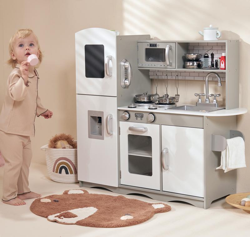 Kidoz Grey Wooden Play Kitchen Toy Set Kids Pretend Toy Kitchen with 10 Utensils and Accessories 1