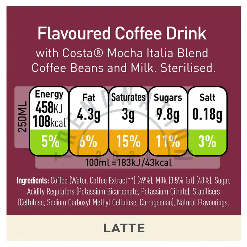 Costa Coffee Iced Drinks | Latte & Caramel Latte Flavored | 12 x 250ml Cans | Mocha Italian Blend Coffee Beans, Milk | Smooth & Creamy | Ready to Drink Ice Beverage Flavor 6