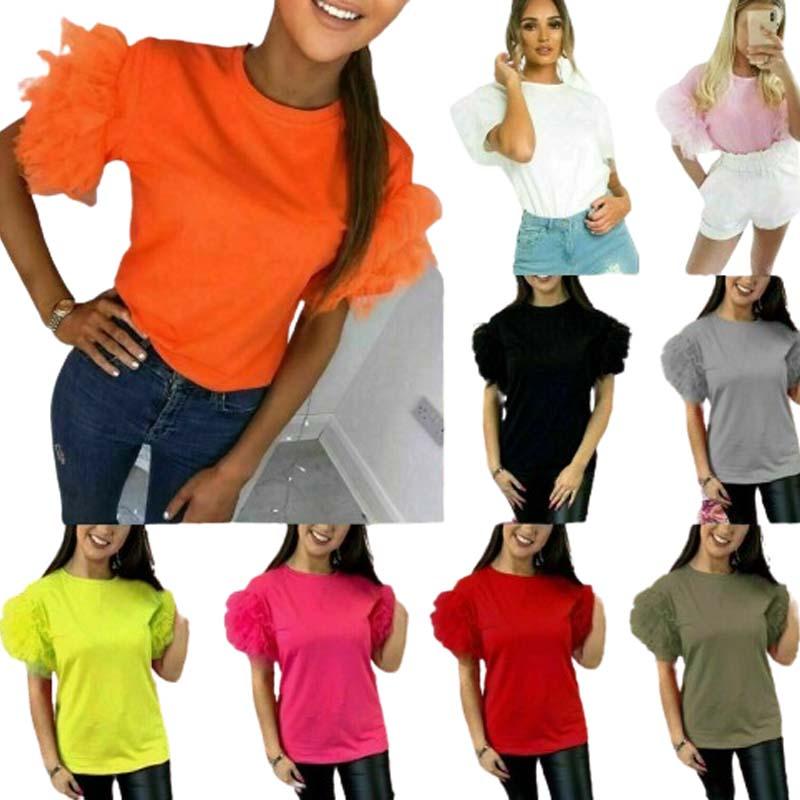 Womens Ladies Tulle Scoop Neck Frill Mesh Puff Short Sleeve Party Tee TShirt Top 1