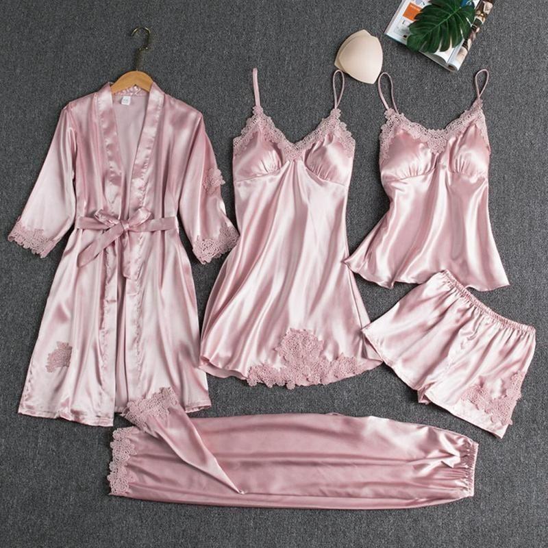 2025 new model 5PC Silk Robe Sleep Suit Womens Lace Satin Pajamas Gown Set V-Neck Cami Nighties Wear Pijama Home Nightwear Spring Nightdress 6