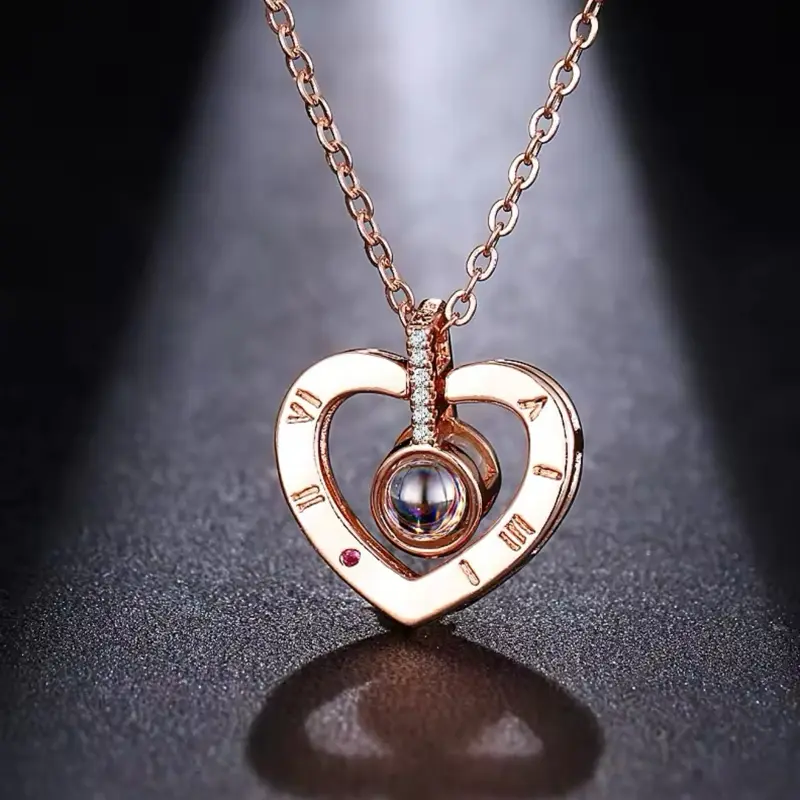Necklace 100 Languages projection “I Love You”Pendant Necklaces For those you love - ideal for gifting - Rose Gold Heart 6