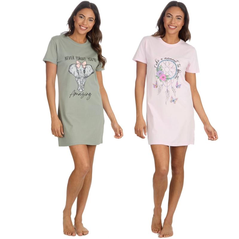 Product Introduction of 2 Ladies Nightie Short Sleeve Slogan Printed Nightshirt 100% Cotton Jersey Nightwear Random Colours Sizes S-XL Womenswear 5