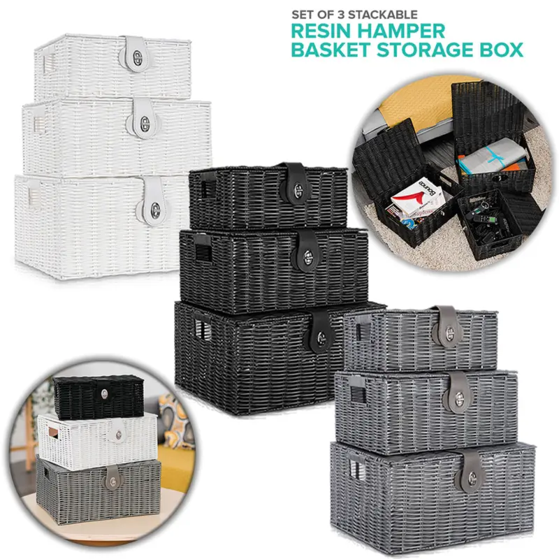 SET OF 3 Storage Baskets Resin Wicker Woven Hamper Box Lid & Lock Stackable UK