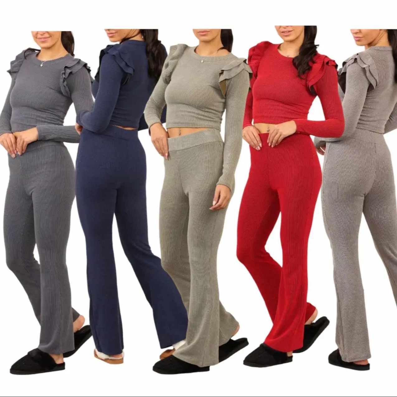 Long Sleeve Frill Knit Loungewear two piece set Comfortable Longsleeves