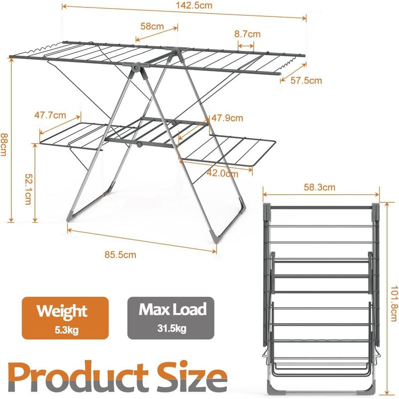 Airer with 33 bars, 2-Level Foldable Clothes Drying Rack Indoor Outdoor, Stainless Steel Large Clothes Horse, 6 Height-Adjustable Laundry Drying Rack (Grey) 3