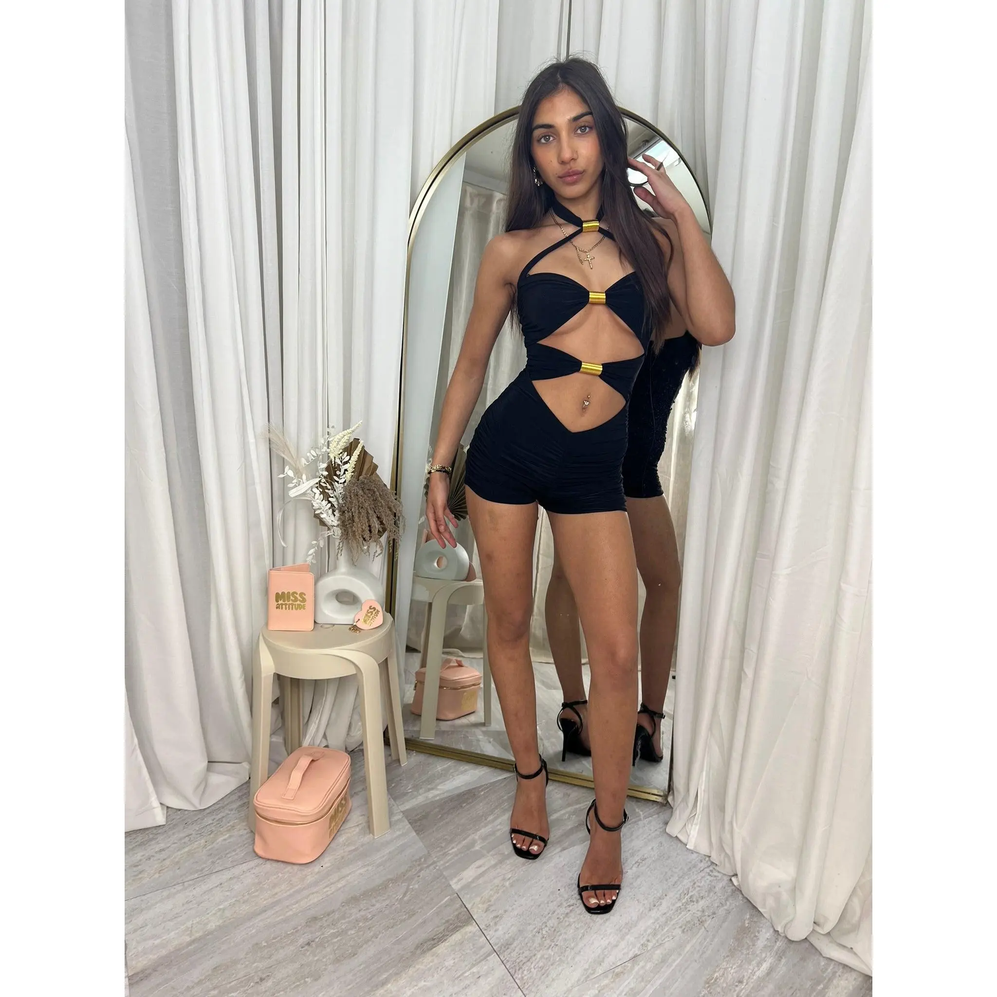 Miss Attitude SEXY cut out front gold detail halterneck playsuit