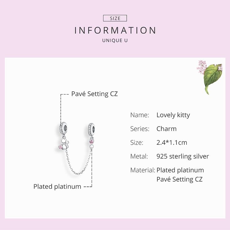 Genuine 925 Sterling Silver I Love My Cat Safety Chain Charm Bead With Cubic Zirconia Compatible With Pandora Bracelets 6