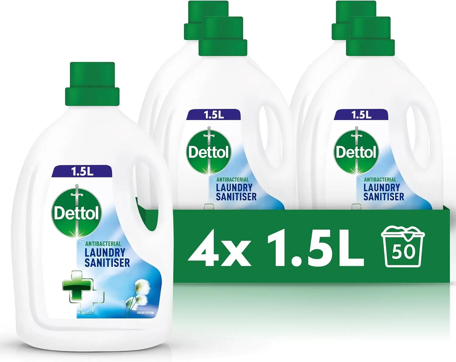 Dettol Laundry Sanitiser, Fresh Cotton Fragrance, Multipack of 4 X 1.5L, Total of 6L, Laundry Cleanser, Laundry Disinfectant, Kills 99.99 Percent of Germs, Antibacterial, Disinfecting, Laundry