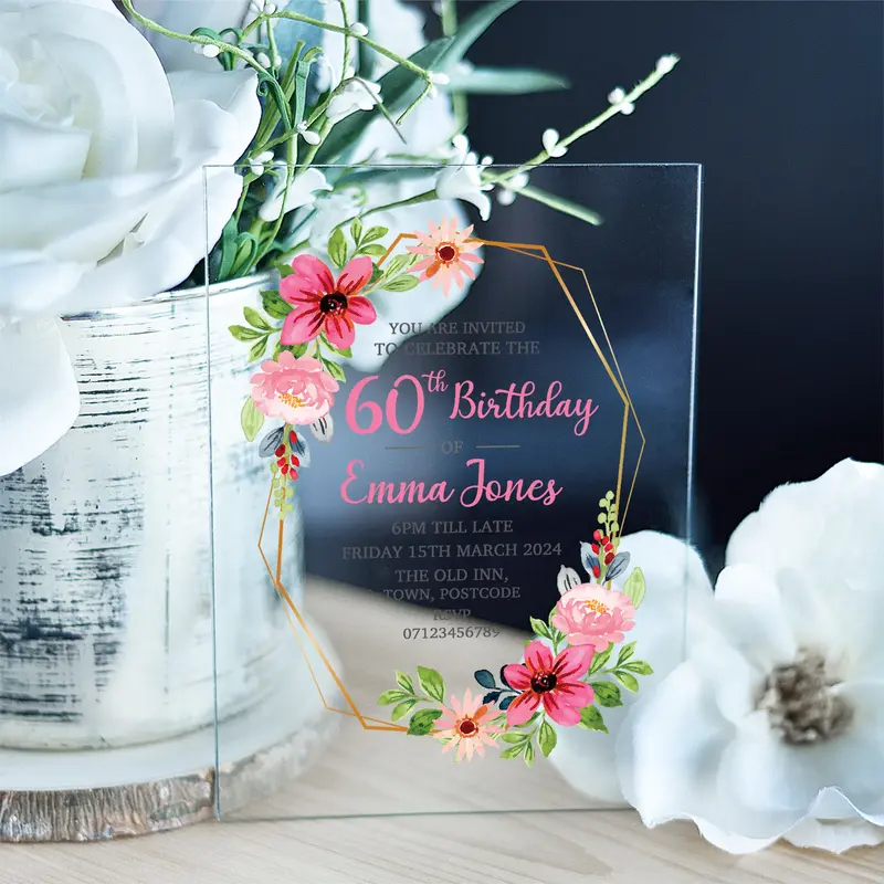60th Or Any Age Party Pink Floral Frame Acrylic Clear Birthday Party Invitations - Special Invitations, Beskoke Invites, Custom Personalised Acrylic Invitations 1