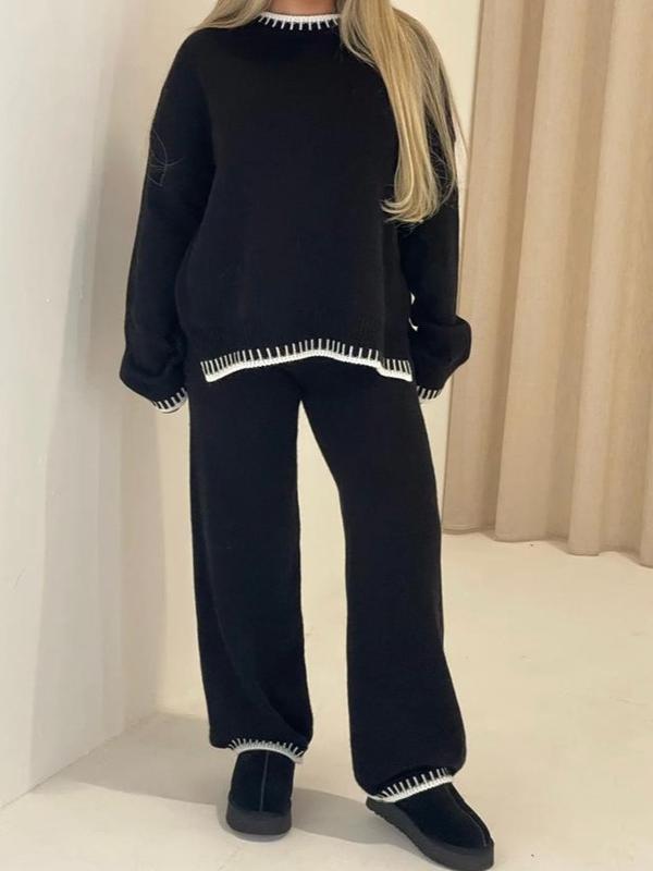Women's Stitched Knitted Jumper Top Wide Leg Trousers 2PCS Co ord Loungewear Set Long Sleeve Winter Basic Comfort Womenswear Casual Comfortable Coord Fit Overalls 1