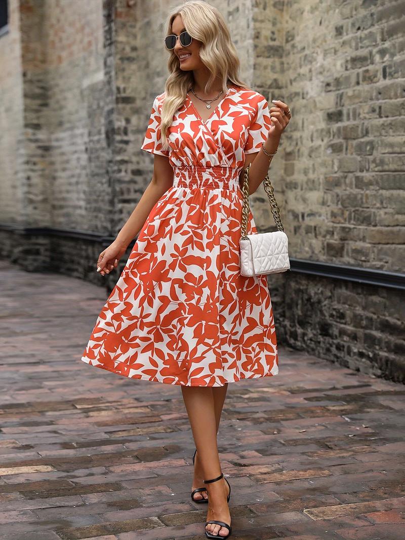 Product Introduction of Floral Wrap Neck Dress, Elegant Short Sleeve Dress For Spring & Summer, Women's Clothing 4