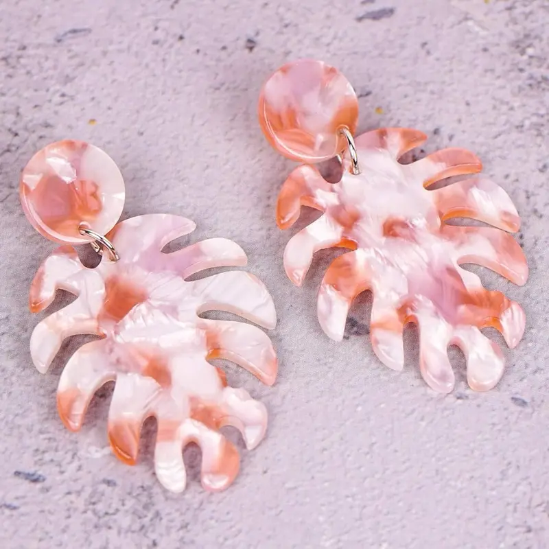 Pink Monstera Acrylic Resin Earrings for Women 1