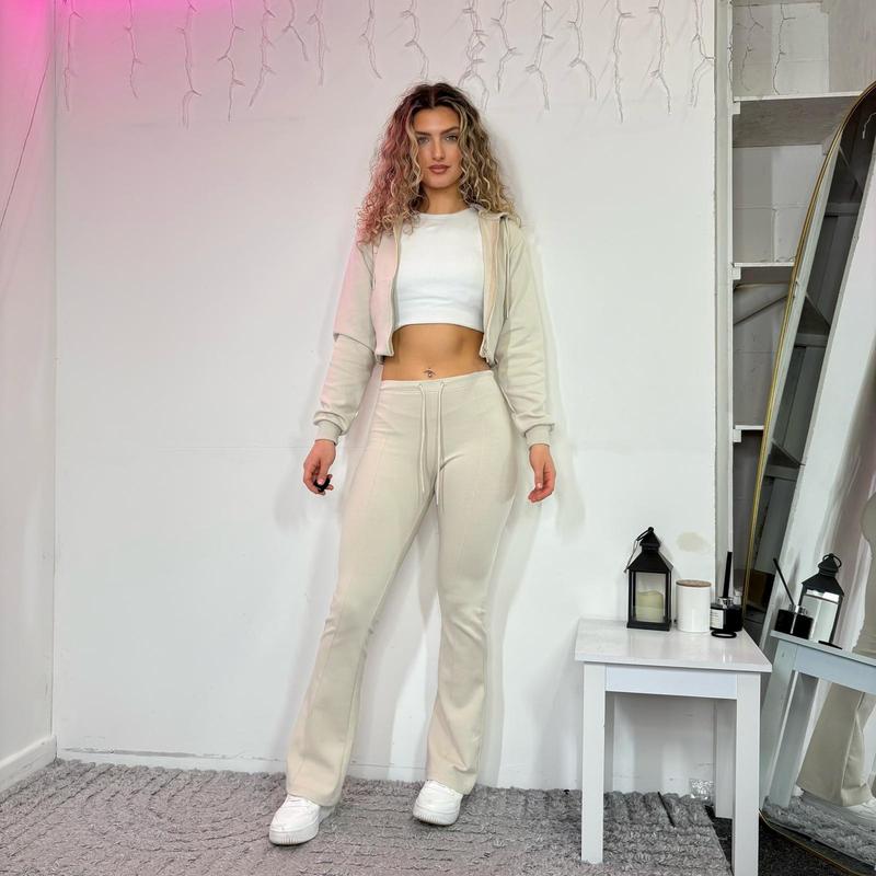 [HouseofTrendz] BRITNEY Cropped Hoodie & Flares Tracksuit 90% Cotton Co-Ord - Y2K Womens Zip Up Scuba Drawstring  Flared Leggings Two Piece Set Thick Soft Casual Comfy Street Loungewear 2