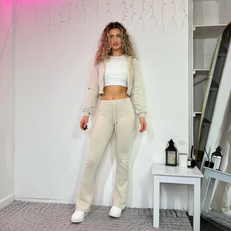 [HouseofTrendz] BRITNEY Cropped Hoodie & Flares Tracksuit 90% Cotton Co-Ord - Y2K Womens Zip Up Scuba Drawstring  Flared Leggings Two Piece Set Thick Soft Casual Comfy Street Loungewear 2