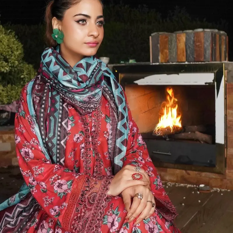 Munira Designer 3 Piece Linen Stitched Casual Red - MSL - 07 winter suits Embroidered punjabi dresses asian clothing 2