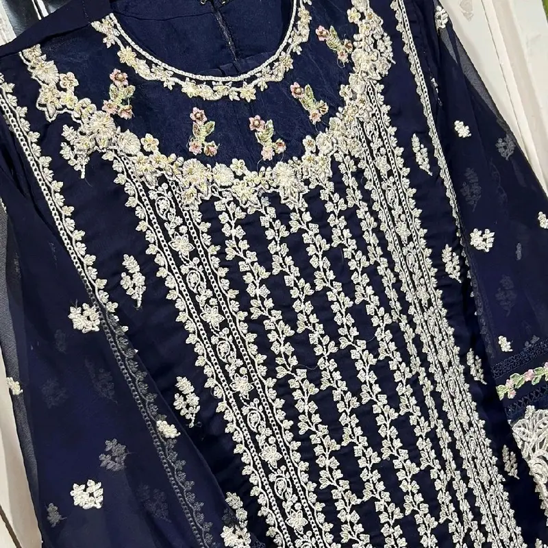 Aghanoor inspired 3pc fully heavy embroidered Chiffon Dress with silk trouser.. 6