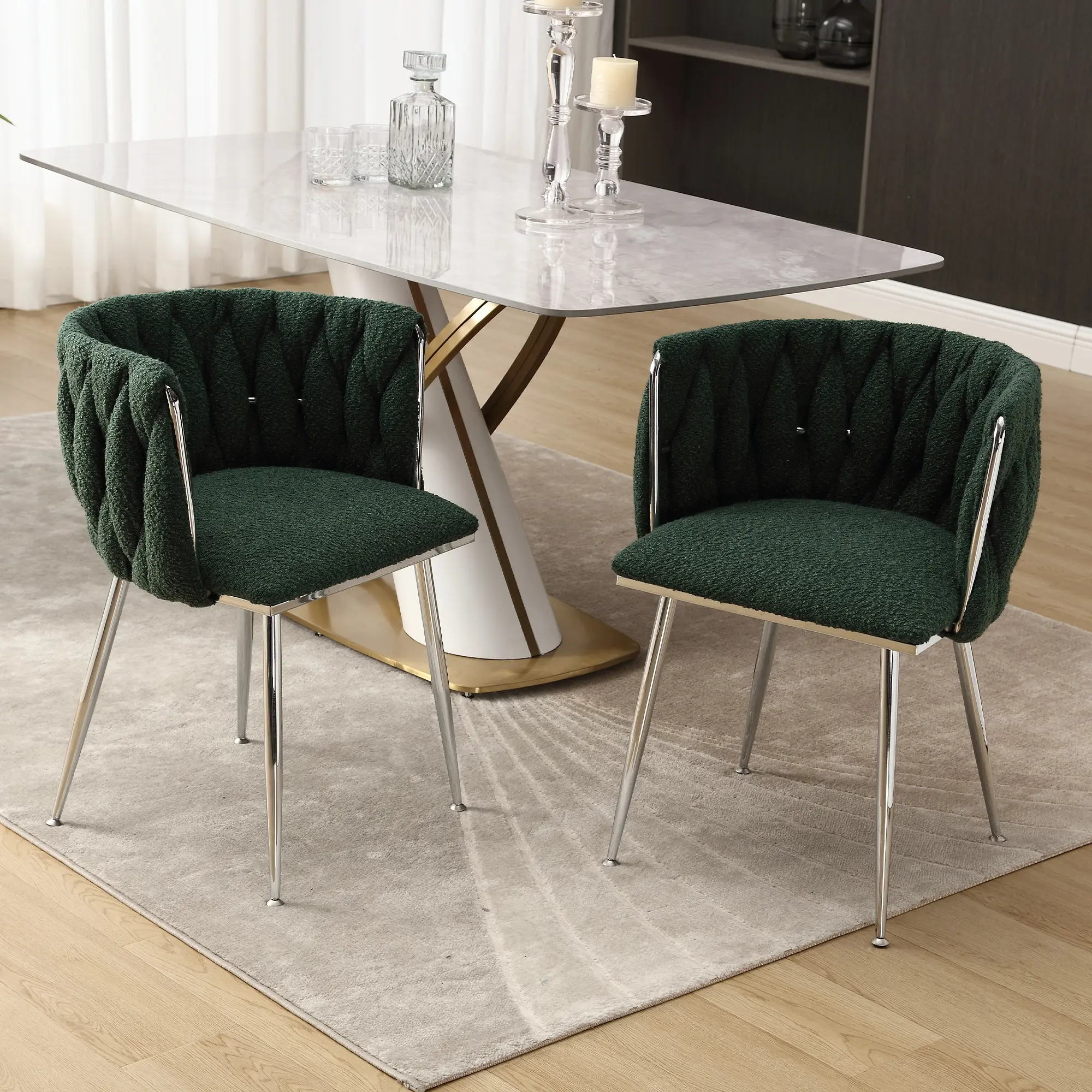 GOMYWAY Modern Hand Weaving Dining Chairs Set of 2, Boucle Upholstered Side Chairs with Silver Legs, Kitchen Chairs with Armrest, Accent Chairs, Vanity Chairs for Dining Room (Emerald /Light Blue /Black /Ivory /Gray, Set of 2)