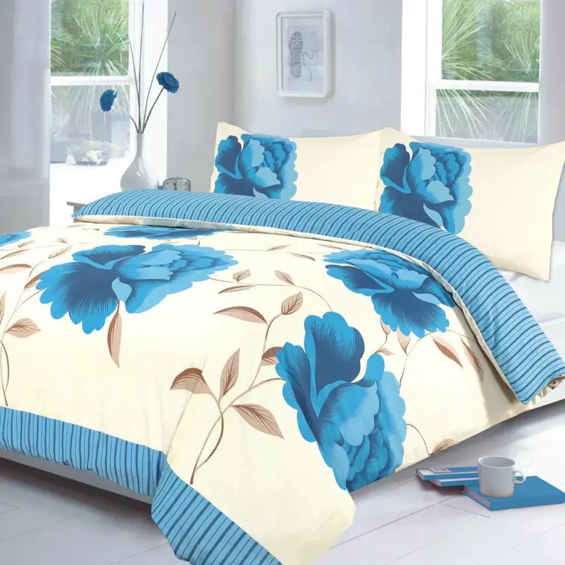 Luxury Duvet Cover Set with Pillowcases - Quilt Cover Set with Matching Pillowcases - Floral Flower Geometric Pattern Traditional Modern Cosy Stripes Blocks Printed PolyCotton Rich Duvet Cover Complete Bedding Set Single Double King Super King Bed Size 5