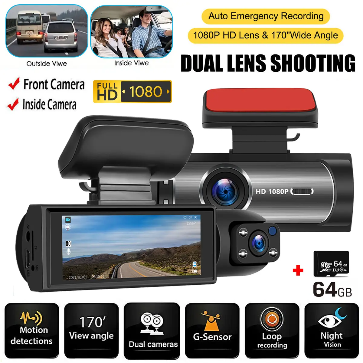 Dual Lens Car Dash Cam with 64GB SD Card, (1 Count) Night Vision Driving Recorder, Car DVR, 1080P HD Wide Angle Front and Inside Video Camera, 3.16 inch IPS Screen Car Dashcam with G Sensor, Loop Recording For Car Accessories, Car Stuff, Gifts
