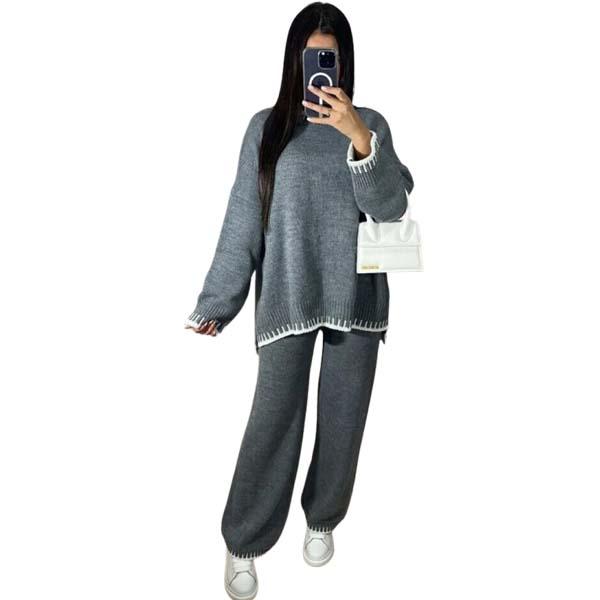 Ladies Knitted Stitched Wide Leg 2PCS Co-ord Suit Sweater Loungewear Set Casual Womenswear Overalls Comfort Long Sleeve Basic Clothing Minimalist 7