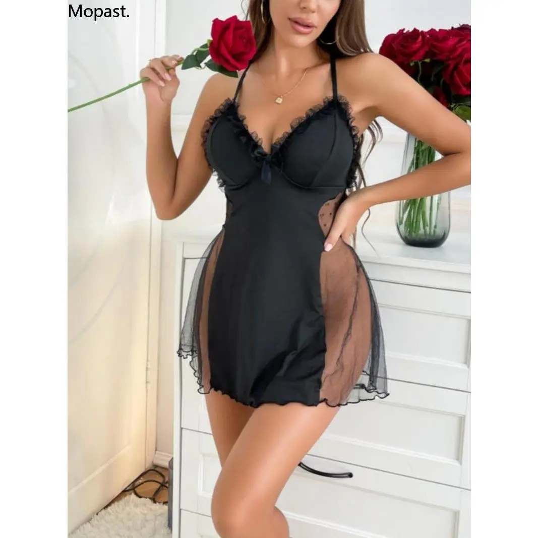 Women's Contrast Lace Criss Cross Backless Cami Nightdress Soft Comfortable Bow Decor V Neck Sleeveless Nightgown for All Seasons Lady's Sleepwear for Indoor Wear Naughty Lingerie Valentine's Day gift Womenswear Loungewear