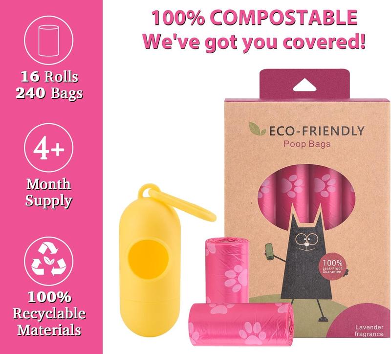 Dog Poo Bags 240 Pink Large Poop bags with Dispenser,Super Strong 100% Leak Proof Poo bags dogs rolls with Corn Starch Compostable 2