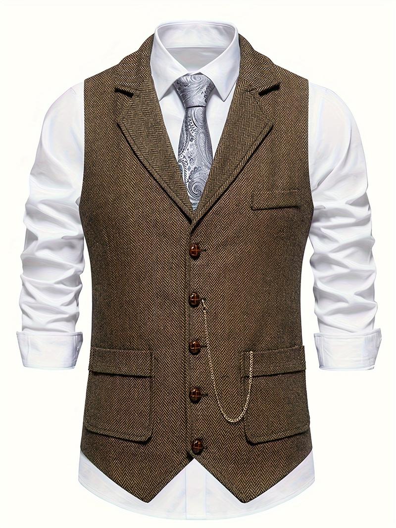 Product Introduction of [Season Versatile] Men's Herringbone Tweed Single-Breasted Vest with Lapel Collar - Brown Casual Suit Vest with Metal Chain Detail, Machine Washable, All-Season Wear, Everyday Suit Vest |   Classic Vest Style |   Horn Button Detailing 15