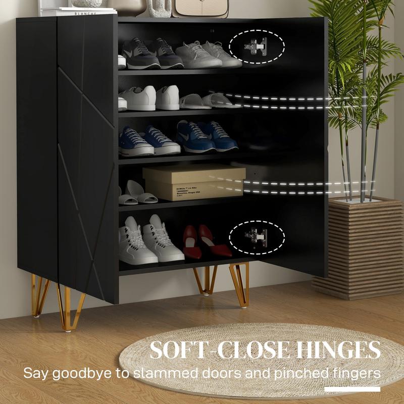 HOMCOM Narrow Shoe Storage Cabinet with Soft-Close Hinges and Adjustable Shelves for 15-20 Pairs of Shoes, Black | Aosom UK 4