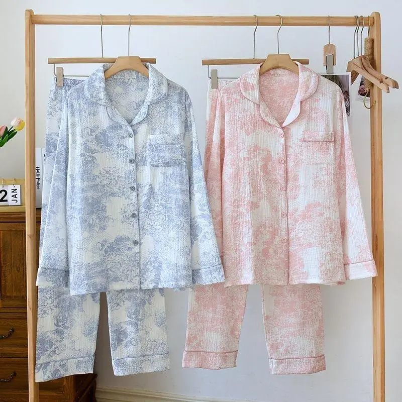 2025 New Pure Cotton Women's Pajama Autumn/Winter Women's Pajama Set Flower Sea Print Long sleeved pants 2 Piece Homewear