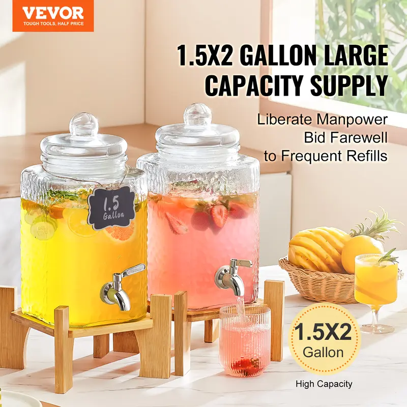 VEVOR Beverage Dispenser, 1.5 Gallon Drink Dispensers for Parties,2PC,Glass Juice Dispenser with Stand, Stainless Steel Spigot, Iced Tea Lemonade Juice Water Dispenser, for Restaurants, Hotels, Partie Drinkware Jugs 1