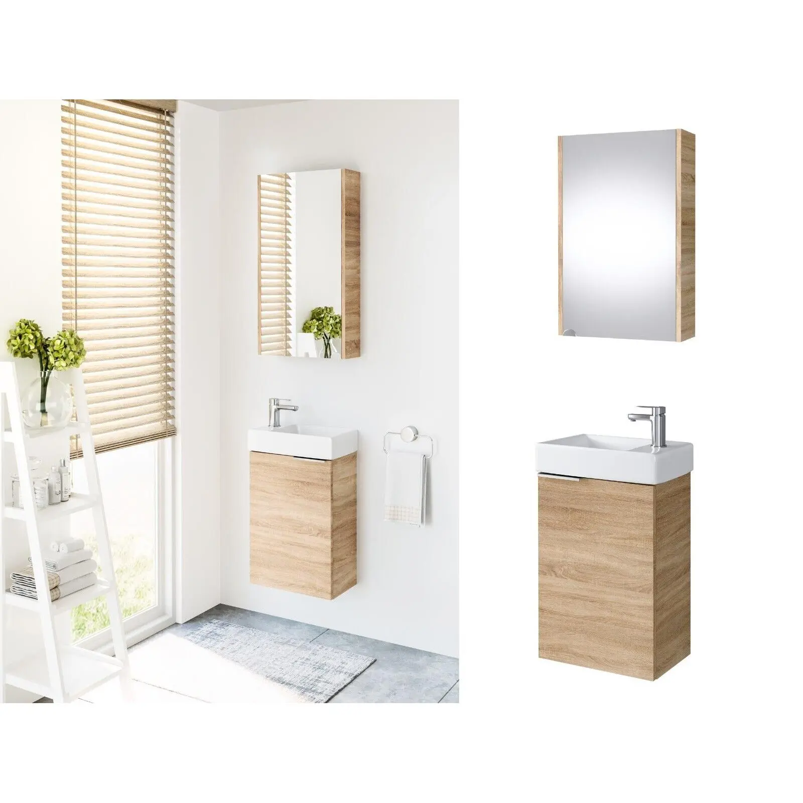 Bathroom Cabinets Set 400mm Vanity Unit Basin Wall Mirror Sonoma Oak Small Avir