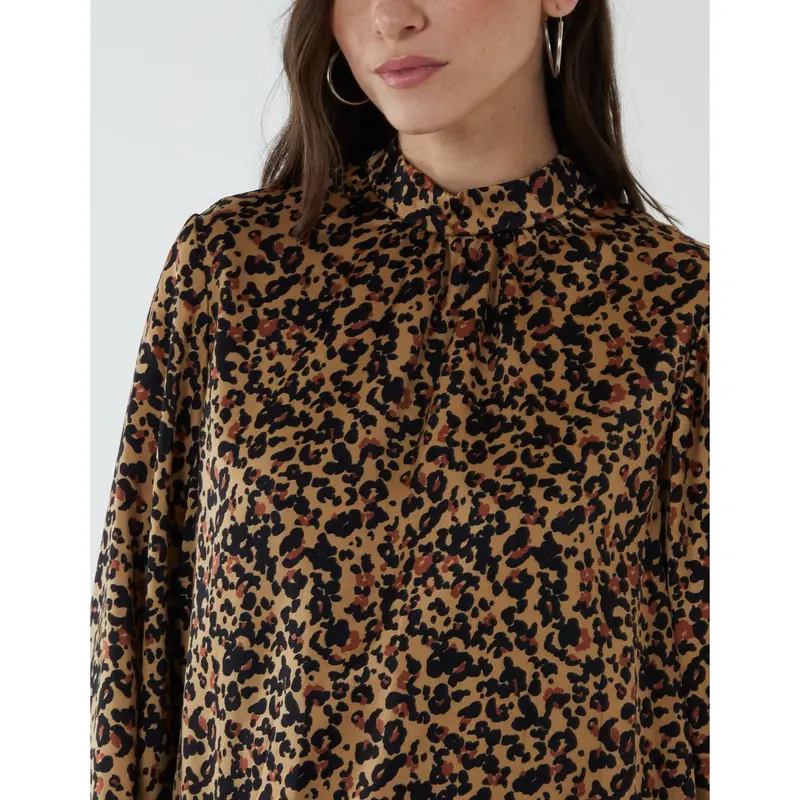 High Neck Leopard Print Satin Blouson Top 2
