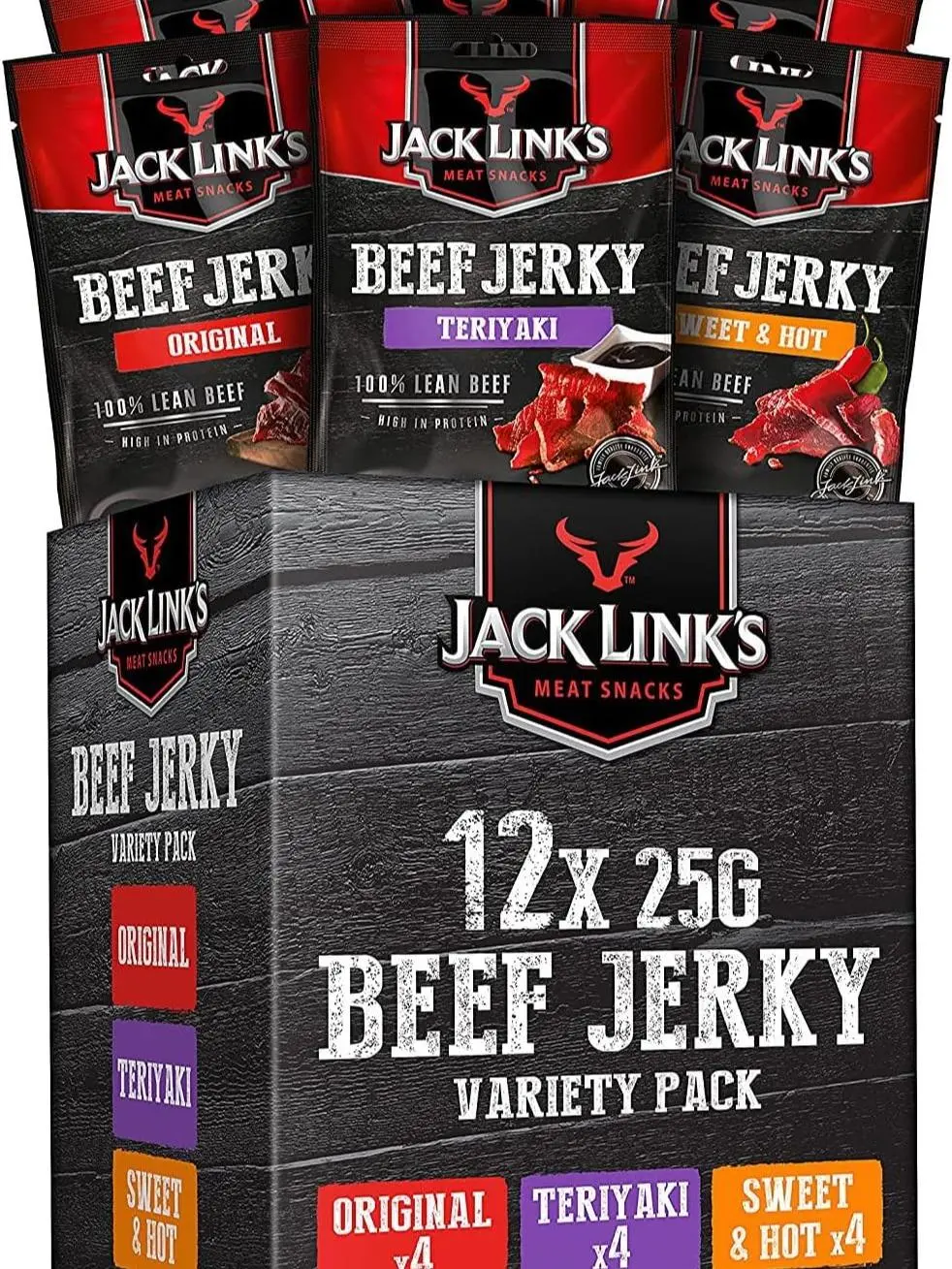 Beef Jerky Mixed Case Variety Pack, x4 Sweet and Hot, x4 Teriyaki, x4 Original, Perfect Post Gym Meat Snack Dry Dried