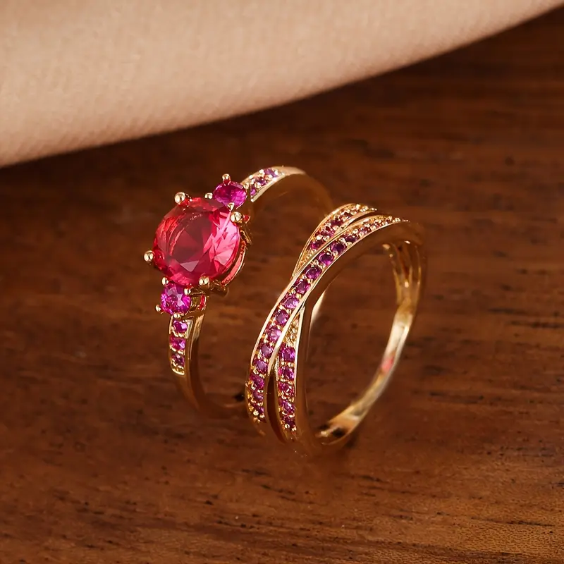 Elegant Golden-Tone Ring Set with Green Gemstone and Crystal Accents – Stylish Multi-Band Design for Daily Wear or Gifting, Daily Wear Jewelry|Stacked Ring Design|Precious Metal Look 5