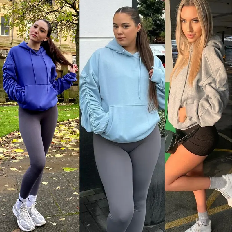 Ruched Sleeve Hooded Sweatshirt - Kora Cotton Long Sleeve Pocket Womenswear Baggy Oversize Style Sweaters Tops Underwear 3