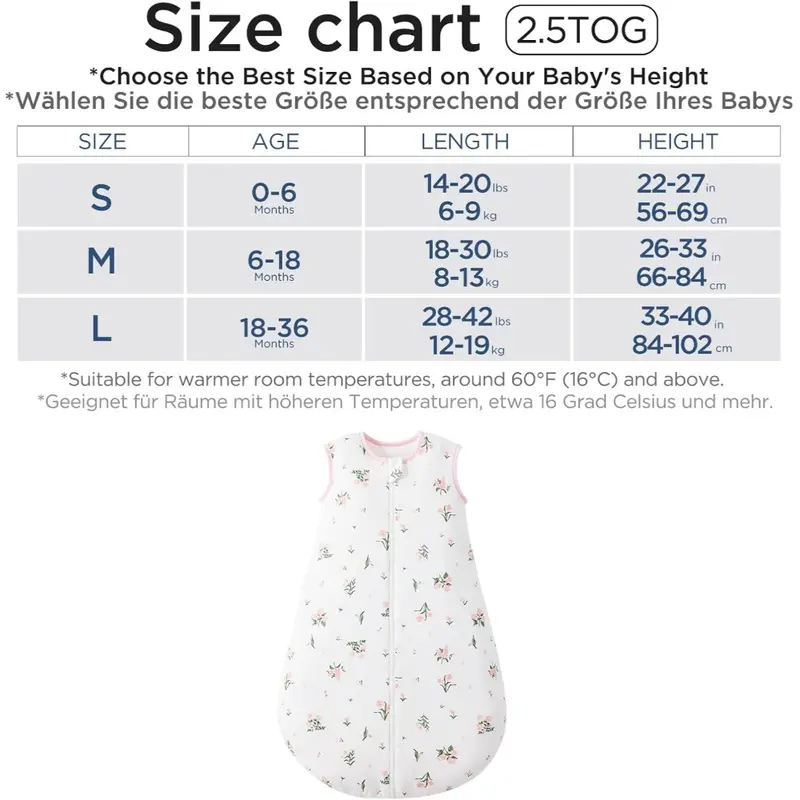 Baby Sleeping Bag Winter 2.5 Tog Sleeping Bag 18-36 months 100% Cotton Baby Wearable Blanket for Newborn, Flower 4