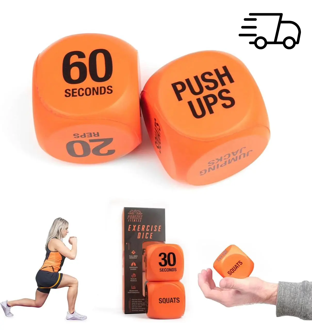 Exercise Dice - Workout Dice Game for Cardio, HIIT and Exercise Classes - Full Body Training Routine for Home & Gym - Orange