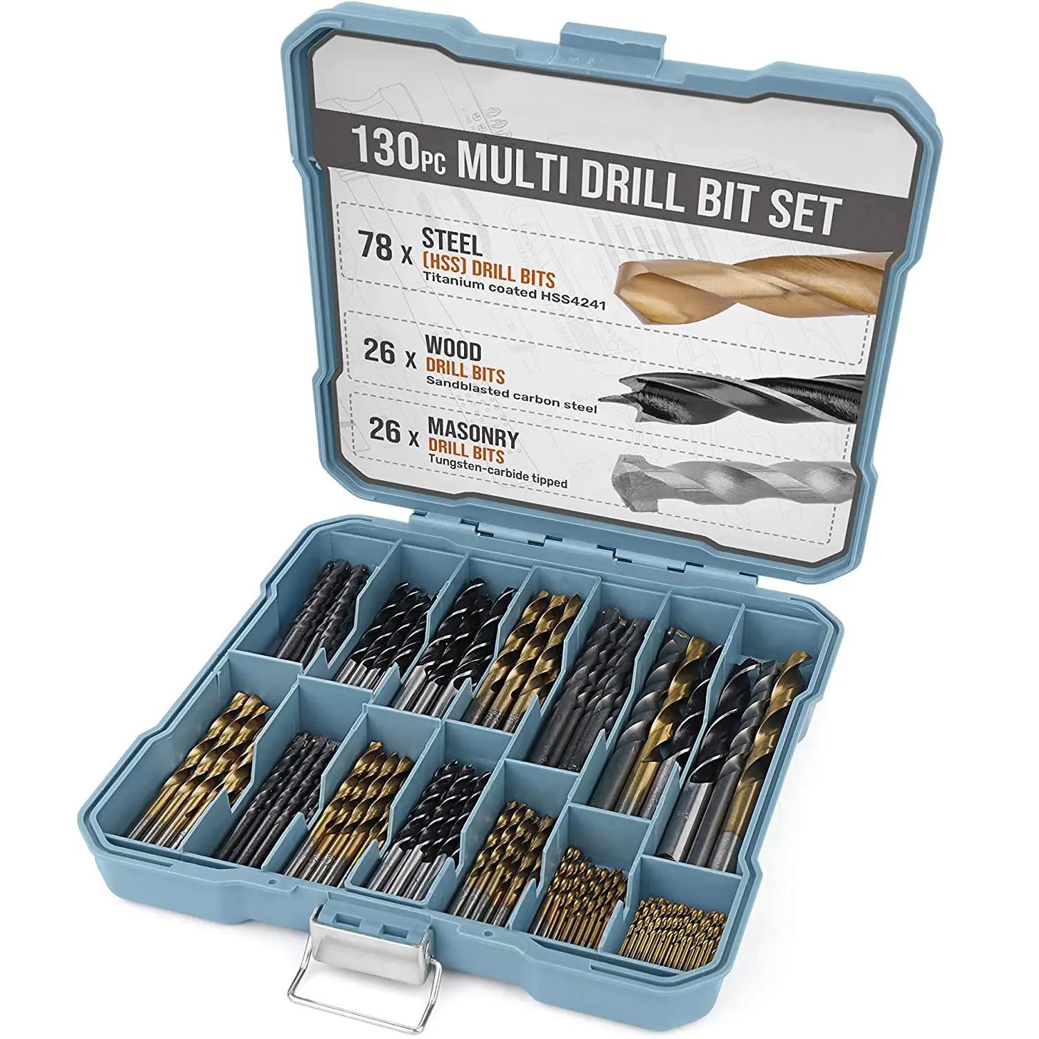 130pcs Multi Drill Bit Set SAE. Drill Bit Tools Kit, 11 Sizes 1/16in to 3/8in. Multi purpose hardware drill bit, Metal, Wood, Plastic, Dryall, Brick