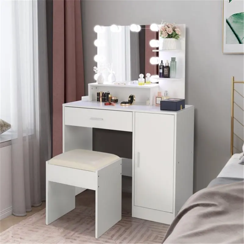 Large Vanity Set with LED Bulbs – Makeup Table with Stool, Storage Shelves, Drawer, and Cabinet – Perfect for Women and Girls, White 0