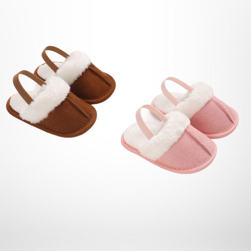 X1 Pink or Light Brown Baby Slippers - Fluffy Elasticated Winter House Shoes for Toddler Infants boots 0