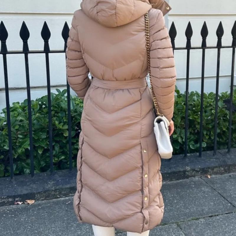 Women's Chevron Style Padded Belt Long Coat for Winter. classic Womenswear Casual Comfort plain modern spring puffer Chic Elegant 5