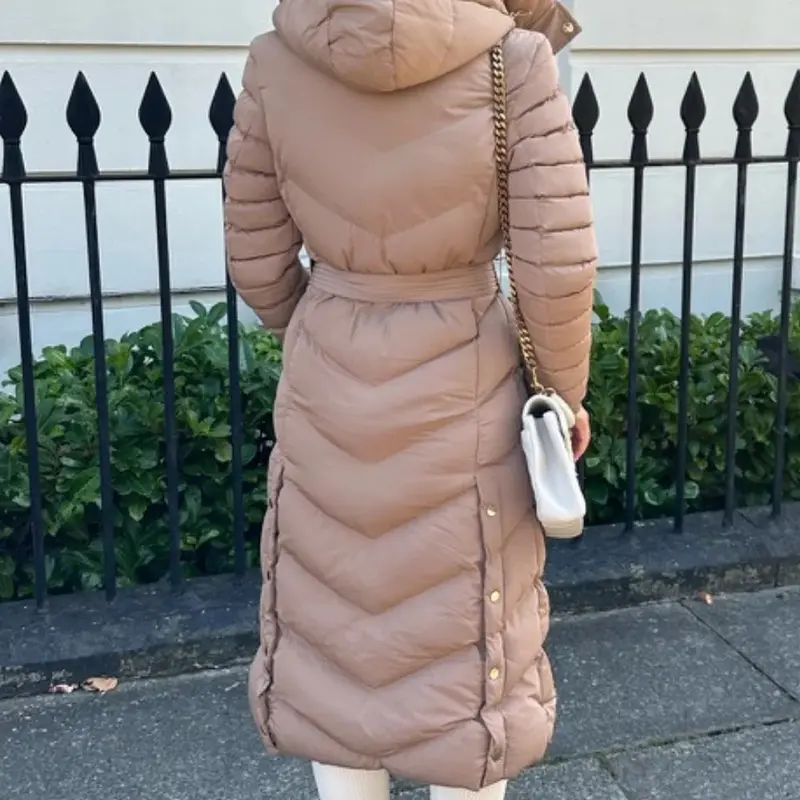 Women's Chevron Style Padded Belt Long Coat for Winter. classic Womenswear Casual Comfort plain modern spring puffer Chic Elegant 5