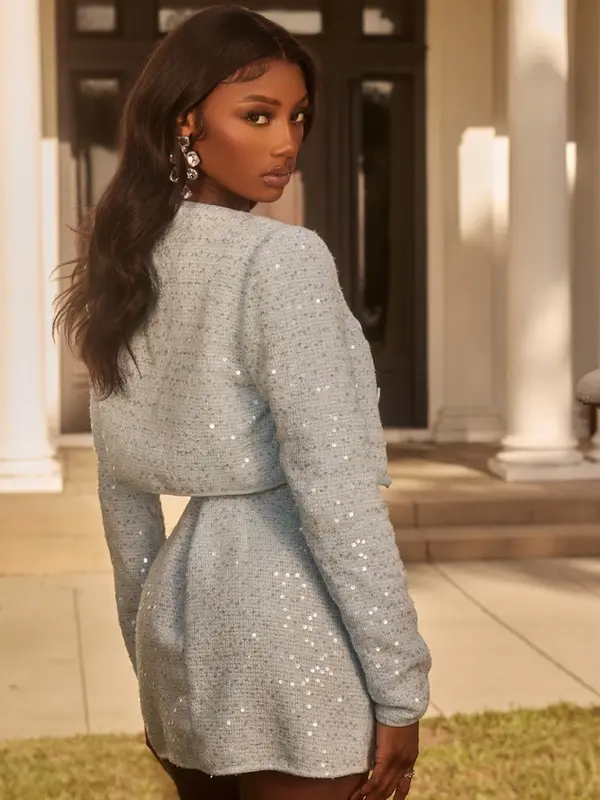 Pastel Blue Textured Sequin Cropped Jacket 1