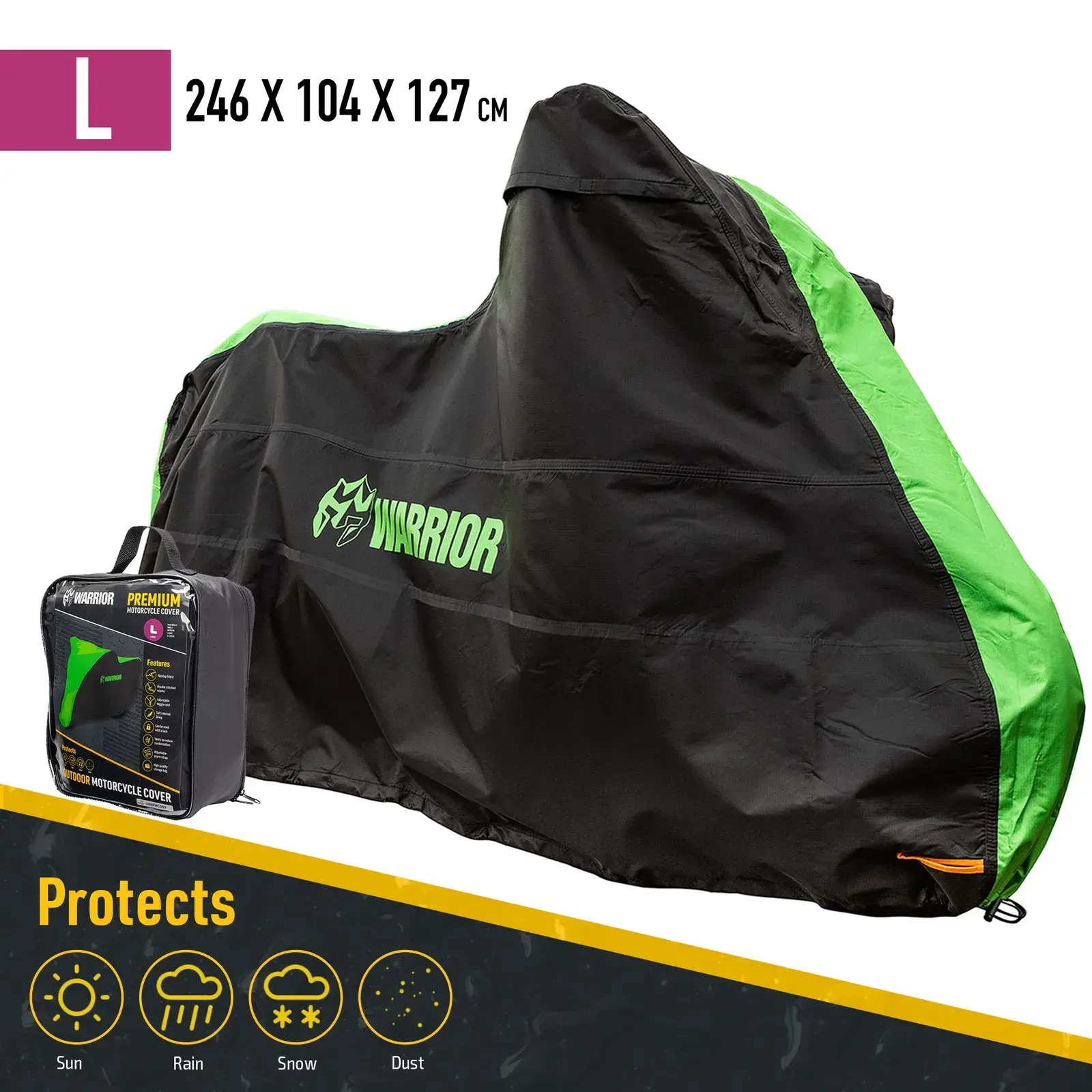 Warrior H/Duty Outdoor Waterproof Motorcycle Cover - 210D Ripstop Fabric - (L)